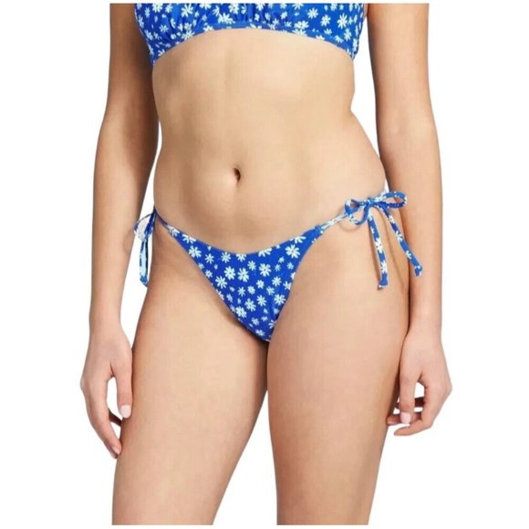 Xhilaration Juniors Blue Floral High Leg Scoop Waist Tie Bikini Bottom XS S M - Picture 1 of 15